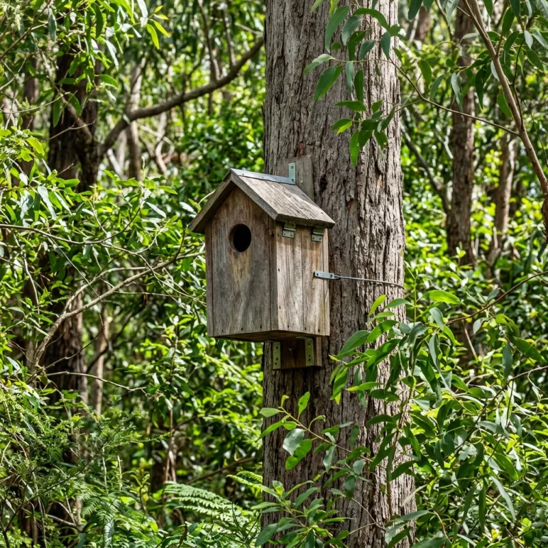 Animal nesting box installed as a humane alternative to a Sassafras roof cavity