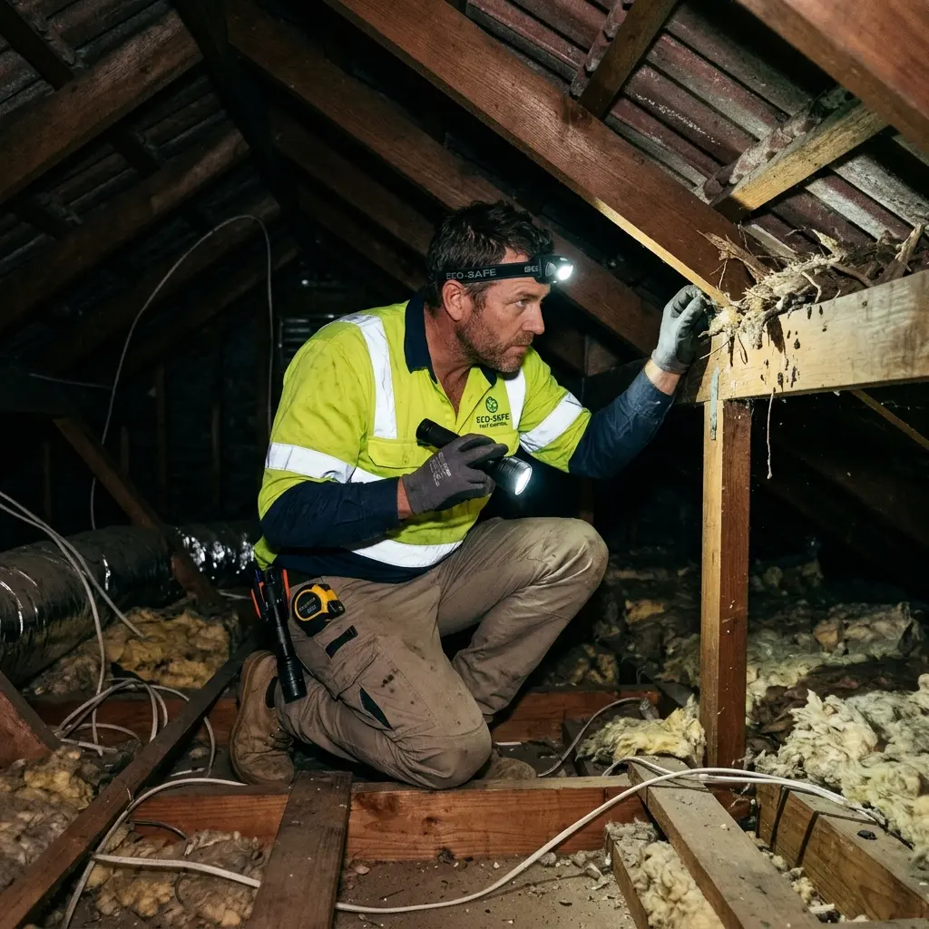 Technician inspecting a roof cavity for a dead animal in Sassafras