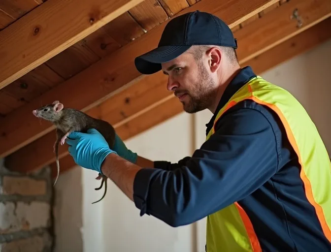 Technician inspecting a roof cavity for a dead rat in Sassafras